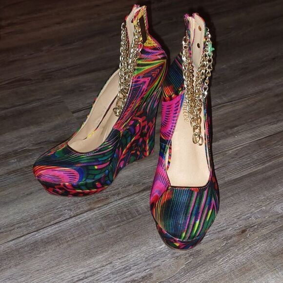 Jubilee multicolor platform wedges chain ankle  straps  Sz 9 - Picture 1 of 8
